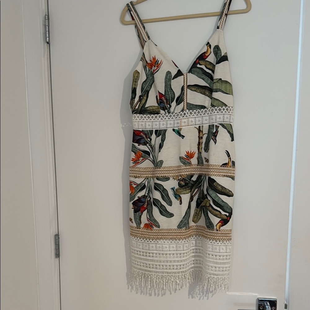 PatBO Tropical Print Mini Dress with Fringe